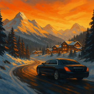 Abstract snowy mountain road with luxury vehicle heading to a ski resort