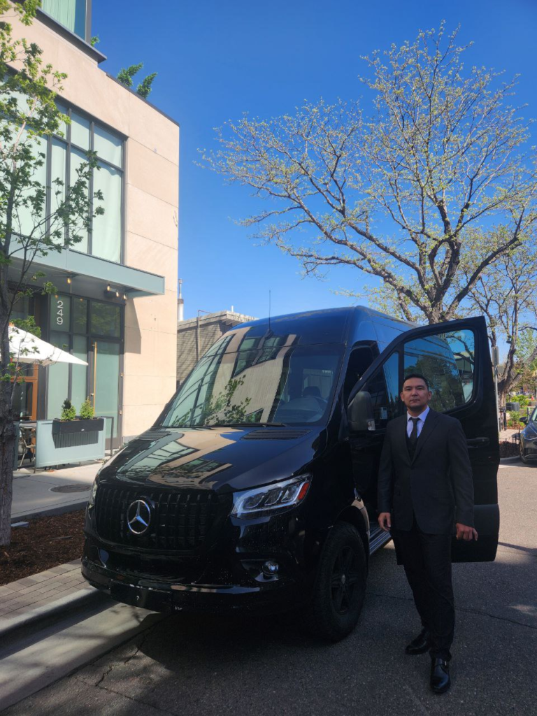 First Denver Limo black Mercedes Sprinter van with a professional chauffeur