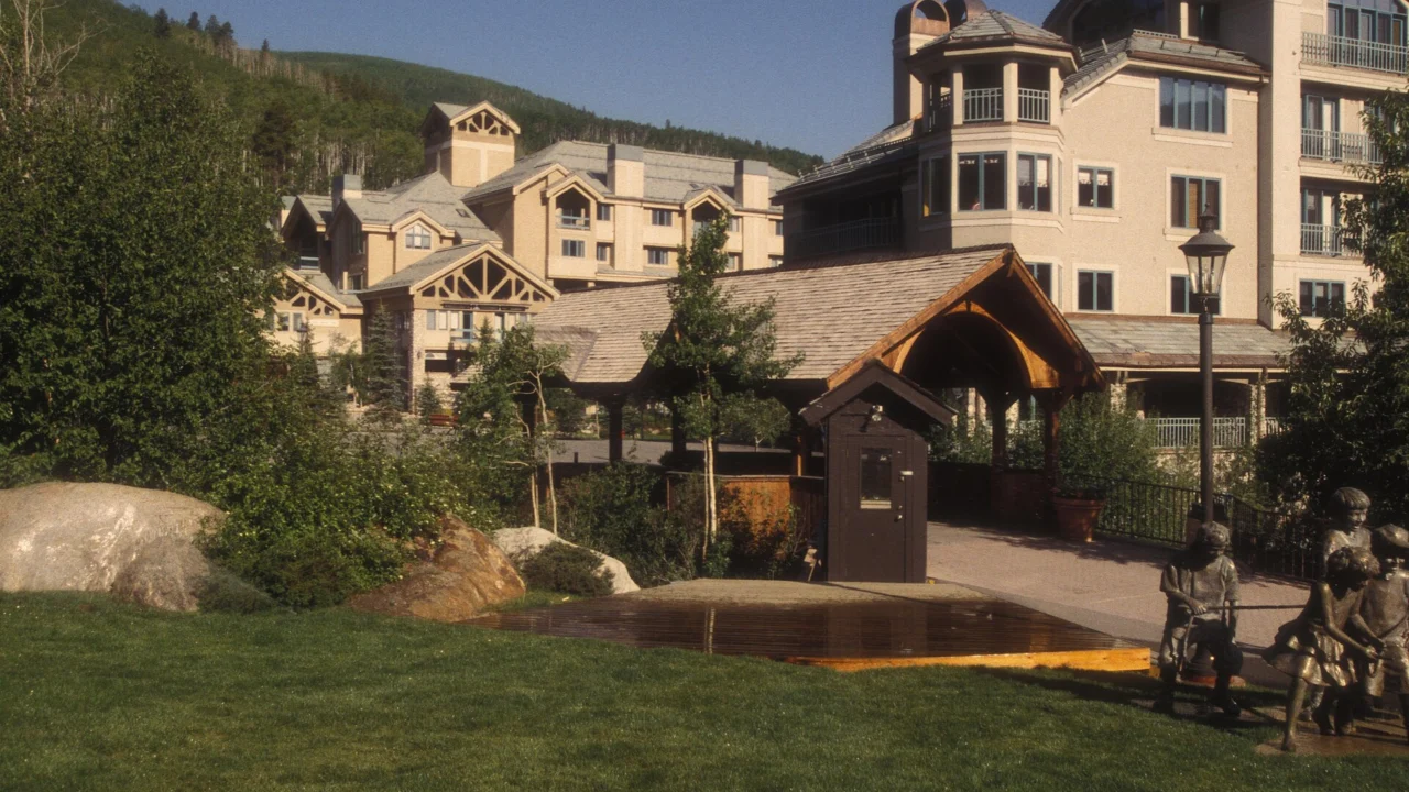 Beaver Creek Village buildings near the covered bridge in Colorado