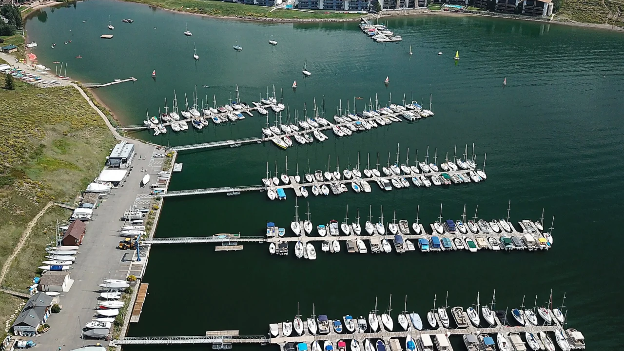 Frisco marina and boats on Dillon Reservoir in Summit County, Colorado