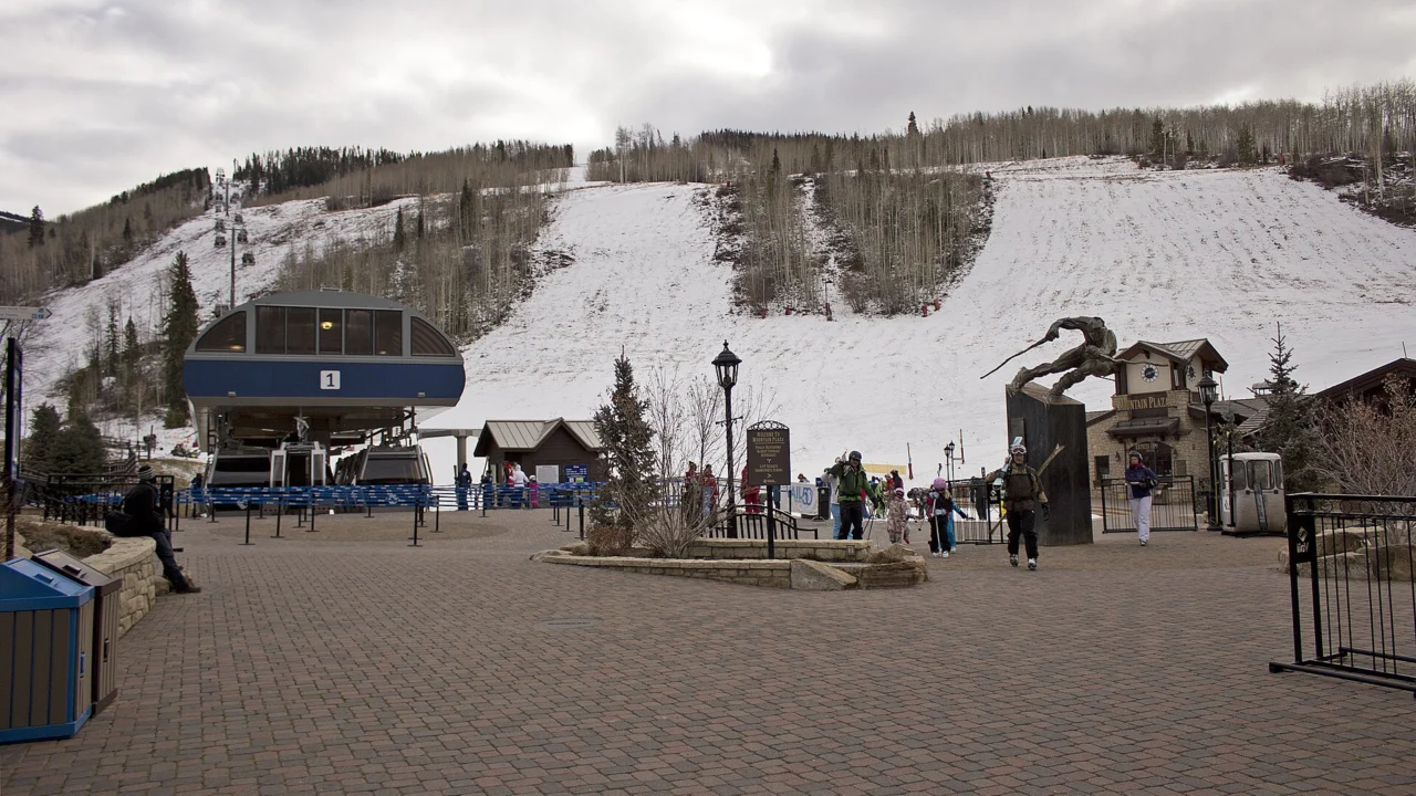 Mountain Plaza and ski slopes at Vail Village in Vail, Colorado